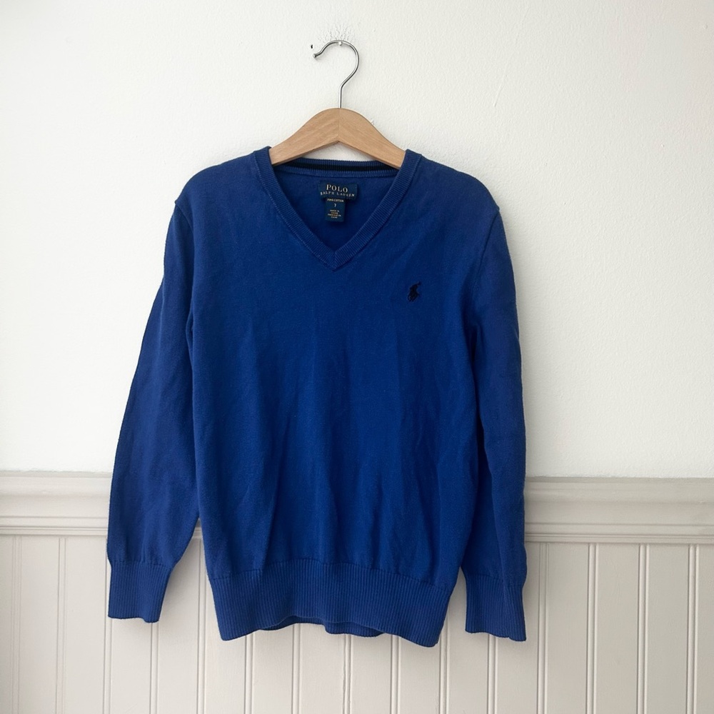 Polo Ralph Lauren Boys 7 Pima Cotton Kids Blue V-Neck Sweater